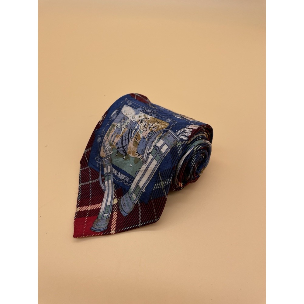 Crooks &‎ Creed London Golf Player  In 50s Plaid Maroon Blue Silk Necktie Tie